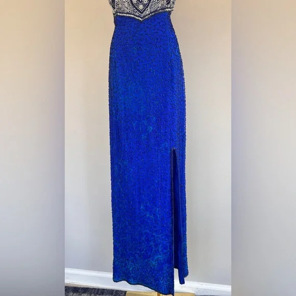 VTG LAURENCE KAZAR 90s 100% Silk Beaded Halter Gown Prom Formal Maxi Dress Sz S - Picture 5 of 16